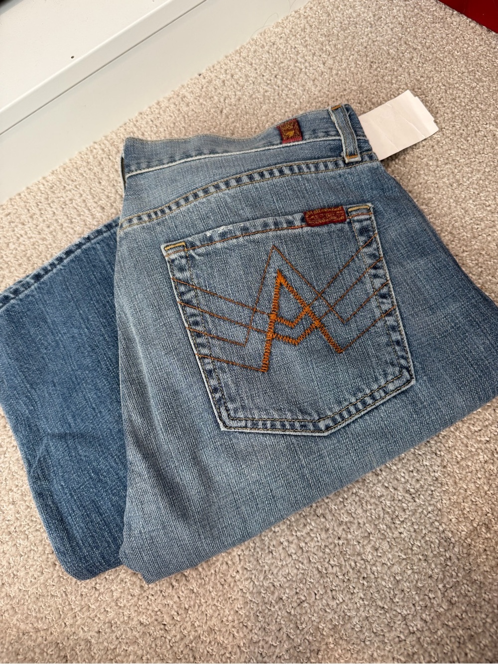 7 For All Mankind Light Blue Men's Straight Jeans with Orange Pocket Stitching